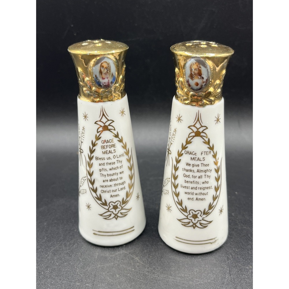 Vtg Blessing Grace Prayer‎ White Gold Ceramic Salt & Pepper Shakers 4" Metallic